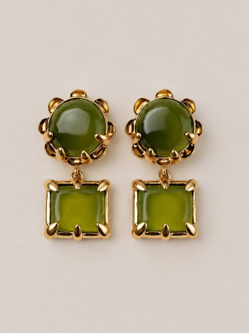 New! Olive Green Cabochon Square Drop Statement Earrings NWOT